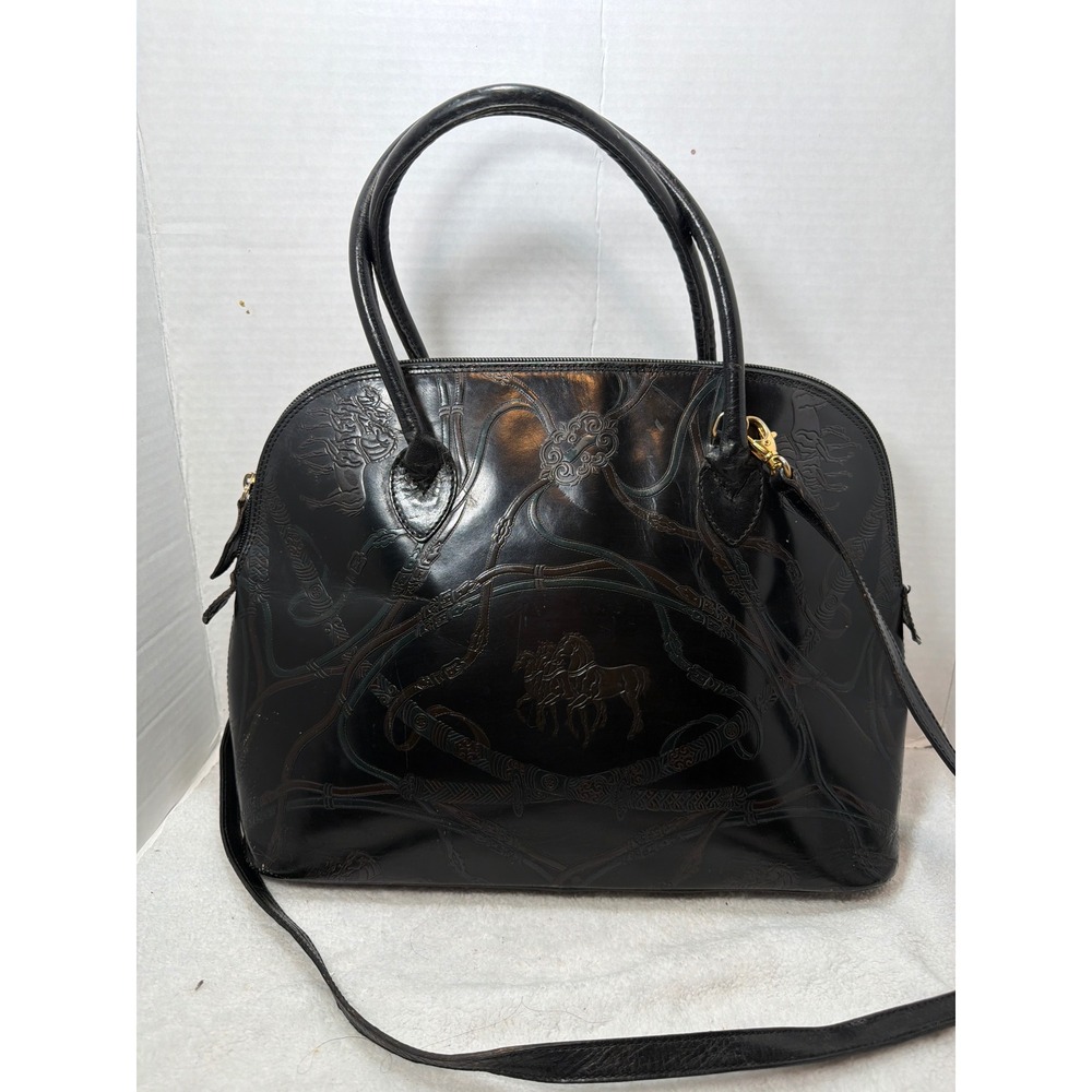 VTG Bruno Benvenuti Satchel Womens Black Leather Embossed Equestrian Horse Italy